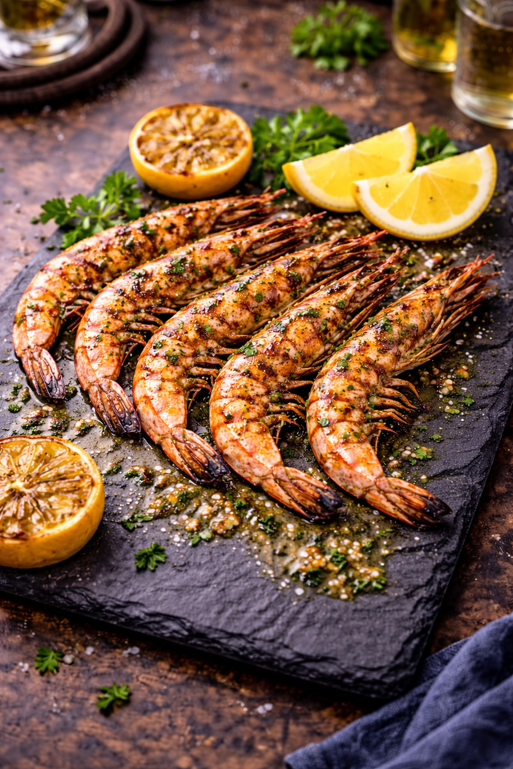 Скариди на плоча и печен лимон